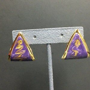 Swirl Curl Earrings Purple Enamel Gold Triangle Teardrop Retro BoHo Granny